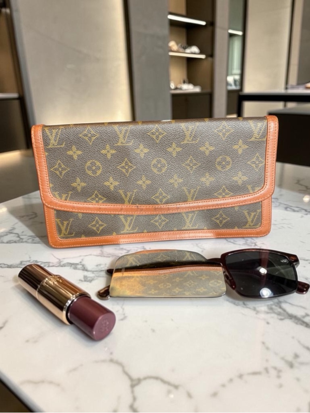 Louis Vuitton Monogram Fold-Over Clutch in Brown and Tan